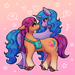 Size: 1747x1747 | Tagged: safe, artist:yippypaws, izzy moonbow, sunny starscout, earth pony, pony, unicorn, g5, duo, female, gradient background, izzy is tol, lesbian, looking at each other, looking at someone, ship:moonscout, shipping