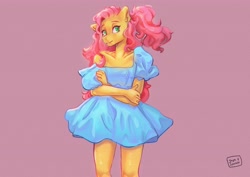 Size: 4096x2896 | Tagged: safe, artist:jaynsparkle, fluttershy, pegasus, anthro, g4, clothes, crossed arms, dress, female, high res, mare, off shoulder, puffy sleeves, purple background, signature, simple background, solo