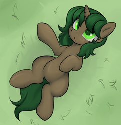 Size: 1976x2052 | Tagged: safe, artist:dumbwoofer, oc, oc:pine shine, pony, unicorn, ear fluff, female, grass, grass field, looking up, lying down, mare, on back, solo