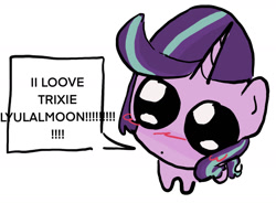 Size: 1434x1053 | Tagged: safe, artist:stanleyiffer, starlight glimmer, pony, unicorn, g4, blushing, chibi, dialogue, female, implied lesbian, implied shipping, implied startrix, implied trixie, simple background, solo, speech bubble, text, white background