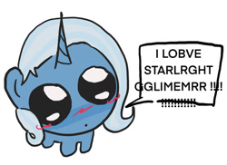 Size: 1185x862 | Tagged: safe, artist:stanleyiffer, trixie, pony, unicorn, g4, blushing, chibi, dialogue, female, implied lesbian, implied shipping, implied startrix, simple background, solo, speech bubble, text, white background
