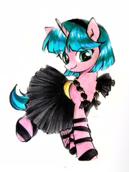 Size: 1745x2326 | Tagged: safe, artist:liaaqila, oc, oc only, oc:lily glamerspear, pony, unicorn, fanfic:everyday life with guardsmares, /mlp/, 4chan, clothes, commission, dress, everyday life with guardsmares, female, gala dress, guardsmare, horn, looking at you, mare, royal guard, sandals, simple background, solo, traditional art, unicorn oc, white background