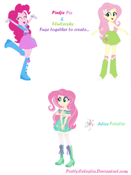 Size: 930x1234 | Tagged: safe, artist:prettycelestia, fluttershy, pinkie pie, oc, oc:alice paisley, human, equestria girls, g4, boots, clothes, curly hair, dress, eyeshadow, fusion, fusion:flutterpie, fusion:fluttershy, fusion:pinkie pie, green eyes, high heel boots, makeup, multiple arms, shoes, simple background, white background