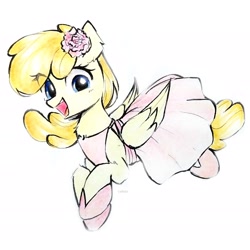 Size: 1918x1918 | Tagged: safe, artist:liaaqila, oc, oc only, oc:artemis sparkshower, pegasus, pony, fanfic:everyday life with guardsmares, clothes, commission, dress, everyday life with guardsmares, female, flower, flower in hair, gala dress, guardsmare, looking at you, mare, pegasus oc, royal guard, shoes, simple background, solo, traditional art, white background, wings