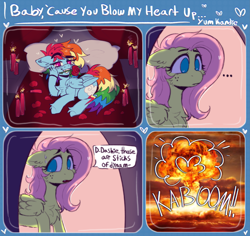 Size: 3469x3269 | Tagged: safe, artist:yumkandie, fluttershy, rainbow dash, pegasus, pony, g4, accidental murder, accidental suicide, bed, bedroom eyes, chest fluff, comic, cute, cute little fangs, ear fluff, explosion, fangs, female, flower, freckles, funny, high res, lesbian, meme, piercing, rainbow dumb, rose, ship:flutterdash, shipping, signature, sweat, this ended in death, too dumb to live
