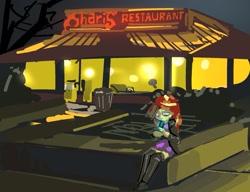 Size: 1145x881 | Tagged: safe, artist:applepost67, sunset shimmer, human, equestria girls, g4, boots, cellphone, cigarette, clothes, female, looking at something, looking down, phone, restaurant, shoes, skirt, smartphone, smoking, socks, solo, thigh boots, thigh highs