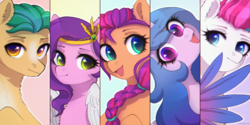 Size: 2998x1500 | Tagged: safe, artist:avrameow, hitch trailblazer, izzy moonbow, pipp petals, sunny starscout, zipp storm, earth pony, pegasus, pony, unicorn, g5, adorapipp, adorazipp, braid, braided ponytail, chest fluff, cute, ear fluff, eyebrows, feather, female, group, high res, hitchbetes, izzybetes, jewelry, looking at you, male, mane five, mare, neck fluff, open mouth, ponytail, quintet, royal sisters (g5), siblings, signature, sisters, split screen, stallion, sunnybetes, tiara, two sides, wing fluff, wings