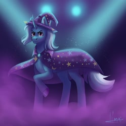 Size: 1357x1363 | Tagged: safe, artist:lima-laym, trixie, pony, unicorn, g4, cape, clothes, curved horn, female, hat, horn, looking at you, mare, raised hoof, smiling, smoke, solo, spotlight, trixie's cape, trixie's hat