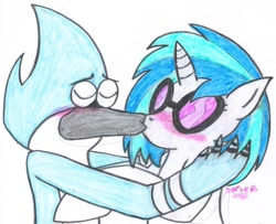 Size: 992x806 | Tagged: safe, artist:whitearcanine, dj pon-3, vinyl scratch, bird, blue jay, pony, unicorn, g4, blushing, crack shipping, crossover, crossover shipping, embrace, every day we stray further from god's light, eyes closed, kissing, male, mordecai, regular show, shipping, sketch, sunglasses