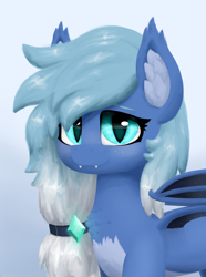 Size: 1858x2499 | Tagged: safe, artist:azzyaurelian, oc, oc only, oc:meadow mist, bat pony, pony, chest fluff, cute, ear fluff, fangs, gem, gradient background, looking at you, partially open wings, simple background, solo, two toned mane, wings