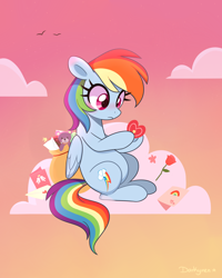 Size: 2400x3000 | Tagged: safe, artist:darkynez, rainbow dash, pegasus, pony, g4, blushing, card, cloud, flower, heart, high res, letter, pink sky, plushie, rose, sitting