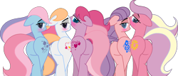 Size: 1676x719 | Tagged: safe, artist:lilylocket, artist:muhammad yunus, ivy, light heart, morning glory (g2), sundance (g2), sweet berry, earth pony, pony, g2, g4, adorasexy, base used, butt, core four, cute, female, floppy ears, g2 to g4, generation leap, group, lesbian, looking at you, looking back, looking back at you, mare, plot, plot pair, sexy, simple background, smiling, smiling at you, sultry pose, transparent background