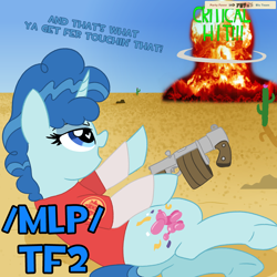 Size: 3500x3500 | Tagged: safe, artist:legendoflink, party favor, pony, unicorn, g4, /mlp/ tf2 general, butt, cactus, clothes, critical hit, demoman, demoman (tf2), desert, dialogue, heart, heart eyes, high res, nuclear explosion, pinata prize, plot, rule 63, shirt, stickybomb launcher, team fortress 2, text, weapon, wingding eyes