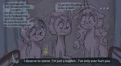 Size: 1263x692 | Tagged: safe, anonymous artist, part of a set, hitch trailblazer, izzy moonbow, sunny starscout, zipp storm, earth pony, pegasus, pony, unicorn, series:anorexic sunny, g5, anorexia, bed, concerned, crying, female, food, group, hospital, hospital bed, implied sunny starscout, male, mare, offscreen character, part of a series, pov, quartet, self deprecation, soup, stallion
