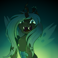 Size: 1000x1000 | Tagged: safe, artist:candy meow, queen chrysalis, changeling, changeling queen, g4, >:d, bipedal, crown, evil smile, fangs, female, gradient background, grin, jewelry, regalia, simple background, smiling, solo, spread wings, wings