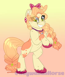 Size: 1600x1888 | Tagged: safe, artist:missbramblemele, oc, oc only, earth pony, pony, bandana, bipedal, braid, colored hooves, female, gradient background, grin, jewelry, looking at you, mare, necklace, rearing, smiling, solo, unshorn fetlocks, watermark