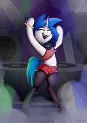 Size: 2480x3510 | Tagged: safe, artist:andelai, dj pon-3, vinyl scratch, unicorn, semi-anthro, g4, arm hooves, clothes, dj booth, eyes closed, glow rings, headphones, high res, leggings, open mouth, open smile, pantyhose, shorts, smiling, solo, speaker, turntable, wide hips