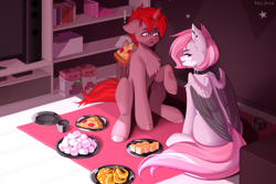 Size: 3000x2000 | Tagged: safe, artist:villjulie, oc, oc:hardy, oc:julie, alicorn, pegasus, pony, shrimp, :p, alicorn oc, blushing, book, bookshelf, box, chest fluff, detailed background, duo, ear piercing, female, food, full body, high res, horn, looking at each other, looking at someone, male, mare, marshmallow, pegasus oc, piercing, pizza, plate, shelves, stallion, surprised, sushi, television, tongue out, wings