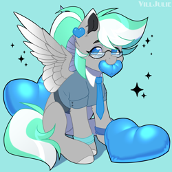Size: 2000x2000 | Tagged: safe, artist:villjulie, oc, oc only, oc:shirley flow, pegasus, pony, g5, colored wings, female, g5 oc, glasses, heart, hearts and hooves day, high res, jewelry, mare, multicolored hair, multicolored wings, necktie, oda 1997, oda 997, pegasus oc, solo, wings