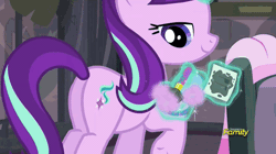Size: 500x280 | Tagged: safe, screencap, fluttershy, starlight glimmer, pegasus, pony, unicorn, g4, the cutie map, animated, butt, discovery family, discovery family logo, equal cutie mark, fake cutie mark, female, gasp, gif, glimmer glutes, lidded eyes, logo, looking back, looking down, magic, mare, open mouth, plot, s5 starlight, smiling, telekinesis, window
