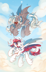 Size: 3724x5873 | Tagged: safe, artist:vanilla-chan, oc, oc only, oc:gold rain, oc:red wine, bat pony, pegasus, pony, absurd resolution, bat pony oc, colored wings, commission, digital art, duo, duo female, female, flying, pegasus oc, tail, two toned mane, two toned tail, two toned wings, wings