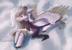 Size: 1024x718 | Tagged: safe, artist:pikinas13, oc, pegasus, pony, clothes, cloud, scarf, solo