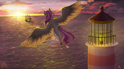 Size: 2496x1402 | Tagged: safe, artist:charlieschiffer, artist:p i k i n a s 13, oc, oc only, oc:radiopony, pegasus, pony, backlighting, flying, lighthouse, ocean, pegasus oc, ship, solo, spread wings, sun, water, wings