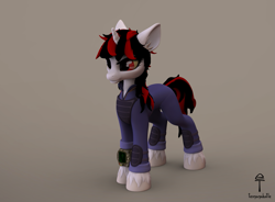 Size: 1689x1242 | Tagged: safe, artist:teonanakatle, oc, oc:blackjack, pony, unicorn, fallout equestria, fallout equestria: project horizons, 3d, armor, clothes, colored sclera, horn, pipbuck, small horn, solo, vault security armor, yellow sclera