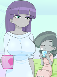 Size: 1668x2224 | Tagged: safe, artist:batipin, marble pie, maud pie, human, equestria girls, g4, bed, big breasts, breasts, busty maud pie, duo, eyes closed, female, mug, sitting