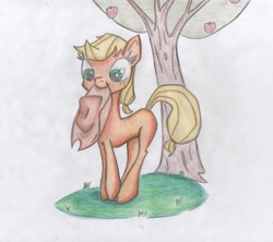 Size: 2806x2494 | Tagged: safe, artist:the-post-script, applejack, earth pony, pony, g4, apple, apple tree, hat, high res, mouth hold, solo, tree