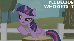 Size: 2000x1125 | Tagged: safe, edit, edited screencap, editor:quoterific, screencap, twilight sparkle, pony, unicorn, g4, the ticket master, apple, apple tree, fence, solo, tree, tree stump, unicorn twilight