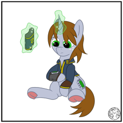 Size: 2000x2000 | Tagged: safe, artist:dice-warwick, oc, oc only, oc:littlepip, pony, unicorn, fallout equestria, canteen, clothes, female, freckles, frog (hoof), high res, jumpsuit, magic, mare, pipbuck, simple background, sitting, solo, transparent background, underhoof, vault suit