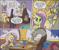 Size: 564x479 | Tagged: safe, idw, official comic, discord, fluttershy, draconequus, pegasus, pony, g4, comic, female, male, mare, painting, sign, stare, the stare