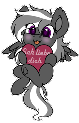 Size: 1125x1750 | Tagged: safe, artist:rokosmith26, oc, oc only, oc:lili, hybrid, pegabat, pony, :p, big eyes, blushing, chibi, commission, cute, ear fluff, fangs, feathered wings, female, front view, german, half bat pony, heart, hearts and hooves day, holding, holiday, horn, hybrid oc, long mane, looking at you, mare, purple eyes, simple background, smiling, smiling at you, solo, spread wings, tail, tongue out, transparent background, two toned mane, two toned tail, underhoof, valentine's day, valentine's day card, wings, ych result