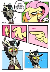 Size: 1640x2360 | Tagged: safe, artist:lrusu, discord, fluttershy, draconequus, pegasus, pony, comic:fluttercord (irusu), g4, ..., blushing, comic, cute, dialogue, duo, embarrassed, female, floppy ears, hiding behind wing, male, misunderstanding, nervous, nervous sweat, pointing, ship:discoshy, shipping, shy, shyabetes, speech bubble, straight, wing hands, wings