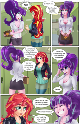 Size: 2685x4156 | Tagged: safe, artist:awalex, artist:mlp-cam, starlight glimmer, sunset shimmer, human, comic:equestria girls curse and madness, equestria girls, g4, breasts, cleavage, comic, dialogue, duo, faic, female, grin, smiling, speech bubble