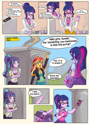 Size: 1440x2000 | Tagged: safe, artist:feudal-fiction, artist:mlp-cam, sci-twi, starlight glimmer, sunset shimmer, twilight sparkle, human, comic:equestria girls curse and madness, equestria girls, g4, breasts, busty starlight glimmer, cleavage, comic, dialogue, female, speech bubble, trio