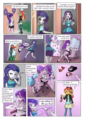 Size: 1400x1980 | Tagged: safe, artist:mlp-cam, artist:vyazinrei, rarity, starlight glimmer, sunset shimmer, human, comic:equestria girls curse and madness, equestria girls, g4, breasts, busty starlight glimmer, cleavage, clothes, comic, dialogue, ripping clothes, sharp teeth, speech bubble, teeth, undressing