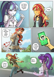 Size: 1400x1980 | Tagged: safe, artist:mlp-cam, artist:vyazinrei, starlight glimmer, sunset shimmer, human, comic:equestria girls curse and madness, equestria girls, g4, cellphone, comic, dialogue, duo, female, magic, phone, smartphone, smiling, speech bubble