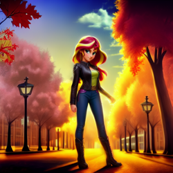 Size: 1536x1536 | Tagged: safe, ai assisted, ai content, generator:pony soup v1, generator:stable diffusion, prompter:siber, sunset shimmer, human, equestria girls, g4, autumn, boots, clothes, denim, humanized, jacket, jeans, lamppost, pants, park, scenery, shoes, sky, solo, sun, tree