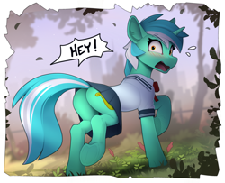 Size: 2400x1948 | Tagged: safe, artist:yakovlev-vad, lyra heartstrings, pony, unicorn, g4, blushing, butt, clothes, cute, female, forest, looking at you, looking back, looking back at you, lyrabetes, lyrebutt, mare, open mouth, plot, raised hoof, sailor uniform, school uniform, skirt, solo, tail, tail upskirt, underhoof, uniform, upskirt, we don't normally wear clothes, wide eyes