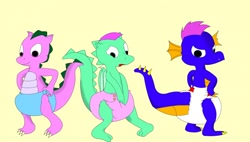 Size: 1280x728 | Tagged: safe, artist:leonxiii, master kenbroath gilspotten heathspike, spike (g1), zip-zip, dragon, g1, g2, g3, claws, commission, cute, diaper, diaper fetish, embarrassed, fetish, g1 spikabetes, g3 spikabetes, generational ponidox, grump, hand on hip, knock-kneed, looking back, male, non-baby in diaper, open mouth, rear view, simple background, smiling, tail, tail hole, tan background, unamused, wings