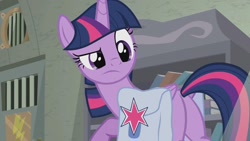 Size: 1200x675 | Tagged: safe, screencap, twilight sparkle, alicorn, pony, g4, the point of no return, bag, book, bookshelf, butt, confused, female, looking back, mare, plot, saddle bag, solo, twibutt, twilight sparkle (alicorn)