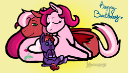 Size: 2858x1643 | Tagged: safe, artist:manticorpse, oc, oc:mulberry wine, oc:raspberry sorbet, oc:strawberry syrup, pegasus, pony, unicorn, baby, baby pony, curved horn, cute, female, foal, folded wings, horn, lesbian, licking, lying down, magenta mane, magical lesbian spawn, mother, mother and child, offspring, pegasus oc, pegasus wings, pink coat, pink mane, ponyloaf, product of incest, prone, purple coat, red coat, red mane, siblings, sisters, small horn, toddler, tongue out, unicron, wholesome, wings