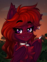 Size: 1200x1600 | Tagged: safe, artist:falafeljake, oc, oc only, oc:gushing pulse, bat pony, pony, bat pony oc, chest fluff, choker, claws, ear fluff, ear piercing, earring, evening, eyebrows, eyebrows visible through hair, eyelashes, fangs, female, jewelry, jungle, looking at you, mare, piercing, smug, stars, wing claws, wings