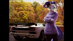 Size: 3840x2160 | Tagged: safe, artist:comradeshy, rarity, pony, unicorn, anthro, g4, 3d, 4:3, autumn, car, clothes, ear piercing, earring, glasses, high res, jewelry, lamborghini diablo, need for speed, piercing, round glasses, solo, source filmmaker, sweater