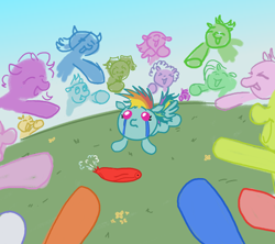 Size: 1800x1600 | Tagged: safe, artist:thunderpibb, rainbow dash, pegasus, pony, g4, abuse, ball, bully, bullying, crying, dashabuse, deflated, dot eyes, eyes closed, female, filly, filly rainbow dash, flower, foal, grass, laughing, lying down, open mouth, open smile, outdoors, pointing, prone, smiling, spiky mane, spread wings, wings, younger