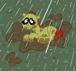 Size: 1600x1500 | Tagged: safe, artist:thunderpibb, apple bloom, earth pony, pony, g4, alternate hairstyle, crying, female, filly, foal, grass, little ponies love to play in the mud, lying down, missing accessory, mud, muddy, muddy hooves, outdoors, prone, rain, sad, story included, wat