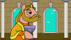 Size: 1280x720 | Tagged: safe, artist:thunderpibb, earth pony, pony, beard, chalice, clothes, crown, facial hair, jewelry, king harkinian, male, ponified, regalia, robe, rule 85, solo, squint, stallion, the legend of zelda, zelda cdi