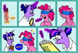 Size: 1316x900 | Tagged: safe, artist:msponies, pinkie pie, twilight sparkle, earth pony, pony, unicorn, g4, alternate hairstyle, blindfold, candy, clipboard, clothes, comic, confused, crumbs, dialogue, duo, duo female, eating, eye bulging, female, food, glasses, glowing, glowing horn, horn, lab coat, levitation, magic, magic aura, mare, open mouth, open smile, pen, smiling, speech bubble, taste test, telekinesis, twix, unicorn twilight